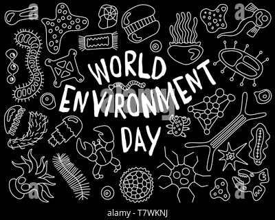 World Environment Day doodle. Verschiedene Mikroorganismen Hintergrund Muster. Hintergrund Die mit infektiösen Keimen, Protisten, Mikroben, Bakterien, Krankheit Stock Vektor