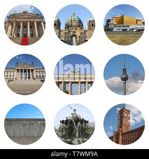 Wahrzeichen Berlins Collage mit Konzert Haus, Dom (Kathedrale), Philharmonie, Reichstag, Brandenburger Tor, Fernsehturm (Fernsehturm), Stockfoto