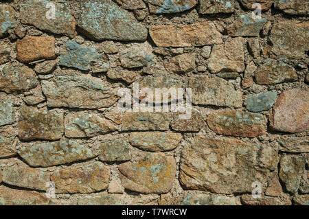 Wand aus raue Steine mit Moos und Flechten, bilden einen einzigartigen Hintergrund bei Monsanto. Eine nette und besondere historische Dorf von Portugal. Stockfoto