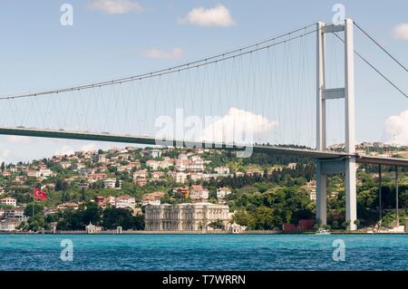 Türkei, Istanbul, Kreuzfahrt auf der Bosphore, Bosporus Brücke auch als 15. Juli Märtyrer Brücke zwischen Europa und Asien mit dem Beylerbeyi Palast im Hintergrund bekannt Stockfoto