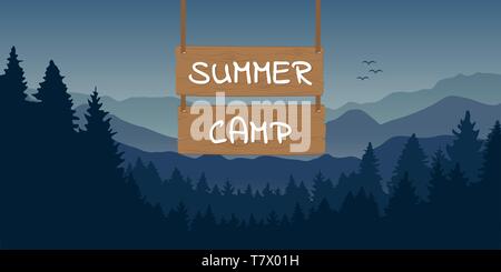 Holzschild mit Summer Camp Typografie am blauen Berg und Wald landschaft Vektor-illustration EPS 10. Stock Vektor