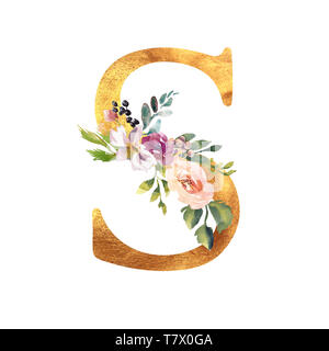Romantische gold A mit einem gezogenen Aquarell Blumen. Elegante Emblem für Buchgestaltung, Markenname, Einladung Hochzeit dank Karte. Stockfoto