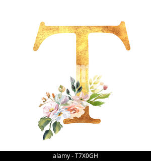 Romantische gold A mit einem gezogenen Aquarell Blumen. Elegante Emblem für Buchgestaltung, Markenname, Einladung Hochzeit dank Karte. Stockfoto