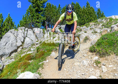 Mountainbiker auf tricky Downhill im hochalpinen und felsiges Gelände Stockfoto