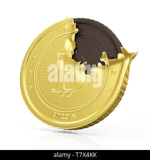 Business, Finance und Internet Online Payment System Konzept. Golden Bitcoin Cryptocurrency mit Schokolade Bitcoin innerhalb von isolierten auf weiß reflektierend Stockfoto