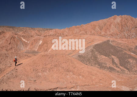 Trekking durch eine wunderschöne Wüstenlandschaft im Valle Marte, San Pedro de Atacama, Chile Stockfoto