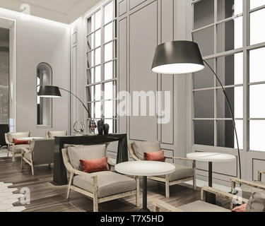 Modernes Interieur des Hotel lounge Lobby, bequemen Sesseln vor große Fenster mit Holzboden mit Sechseckigen keramische Fliesen, Stockfoto