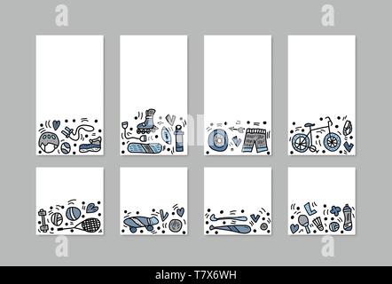 Satz von sozialen Medien Vorlagen von Vector sport Symbole in doodle Stil. Vector Hintergrund für Geschichten und Beiträge mit gesunden Lebensstil Tools Stock Vektor