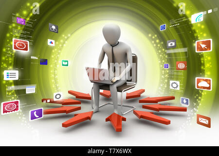 3d-Mann bei der Arbeit am Laptop Stockfoto