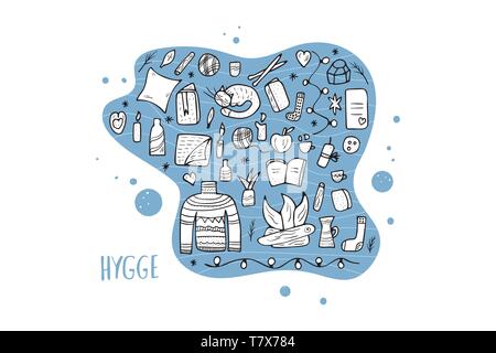 Vektor hygge Konzept. Sammlung von Symbolen der Komfort in doodle Stil. Satz warme Kleidung und gemütlichen Elemente. Stock Vektor