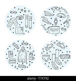 Der runde Abzeichen der Männer Zubehör in Doodle style Set. Vektor Prinzipdarstellung. Stock Vektor