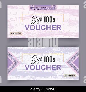 Vektor Gutschein Vorlage. Universal Flyer für Unternehmen. Luxus weiß violett rosa Marmor mit goldenen Linien für die Abteilung Kosmetik, Parfüm, speichert Stock Vektor