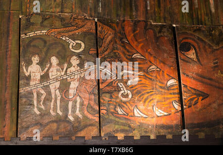 Doom Malerei auf Holz- Platten bei Saint James die Große Kirche, Dauntsey, Wiltshire, England, Großbritannien Stockfoto