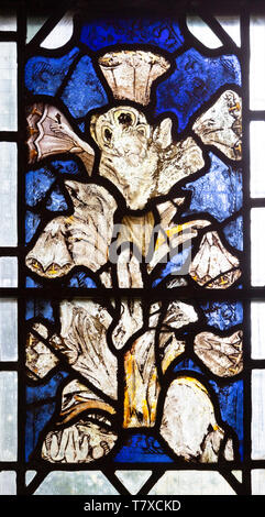 Mittelalterliche Glasfenster des gekreuzigten Christus Jesus in Form der Lilie Blume, Kirche der Heiligen Dreifaltigkeit, Long Melford, Suffolk, England Stockfoto