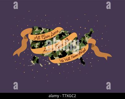 Usa-Karte mit Camouflage und Band des Memorial Day Emblem Stock Vektor