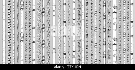 Nahtlose Muster mit retro Handskizze Riemen, Kette auf grauem Hintergrund. Zeichnung Gravur Abbildung: Tolles Design für Fabric Mode Stock Vektor