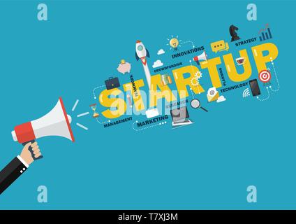 Hand Megaphon mit Word starten. Business Konzept Stock Vektor