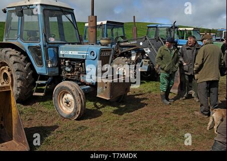 Menschen Prüfung Traktoren und Oldtimer Landmaschinen zum Verkauf auf einem Bauernhof Auktion, Obere Venn Farm, Herefordshire Stockfoto