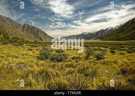 Landschaft Neuseeland - Mt. Cook, Aoraki in der Maori Sprache, Südliche Alpen, Südinsel, schöne Bergwelt. Stockfoto