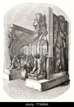 Detail der assyrischen Statuen, die in der Assyrischen Hall im Louvre von Paris. Grautonkalibrierung Radierung mit verblichenen Grenzen. Durch Marvy und Gauchard publ. Auf Magasin Pittoresque Paris 1848 Stockfoto