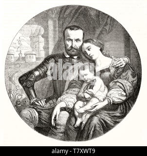 Alte maßgebliche Ritter mit seiner Frau und Baby in einem Portrait in einem runden Rahmen angeordnet. Gemälde mit dem Titel Adieux (Abschied). Nach H. Decaisne publ. Auf Magasin Pittoresque Paris 1848 Stockfoto