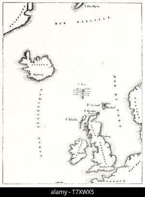 Alte schwarz-weiße Karte von Island und den Britischen Inseln über einen alten Papier. Durch Gowland publ. Auf Magasin Pittoresque Paris-1848 Stockfoto