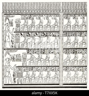 Alte schwarz-weiß Hieroglyphe, die klassische Profil anzeigen der ägyptischen Pharaonen. Alte graviert Reproduktion von Karnak König Liste. Durch Prisse publ. Auf Magasin Pittoresque Paris 1848 Stockfoto