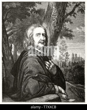 Antike alte Mann posiert die Hälfte Büste outdoor in der Natur. Reproduktion eines alten Self-portrait von Philippèe de Jongh ((1602 - 1674). Publ. Auf Magasin Pittoresque Paris 1848 Stockfoto