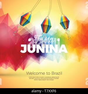 Festa Junina Abbildung mit Papier Laterne onAbstract Hintergrund. Vektor Brasilien Juni Festival Design für Grußkarten, Einladung oder Urlaub Poster Stock Vektor