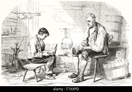 Alte junge Studium auf ein Buch vor einen alten Mann, beide auf ihren Stühlen in einem stabilen sitzt. Gravur stil Graustufen Illustration von Girardet publ. Auf Magasin Pittoresque Paris 1848 Stockfoto