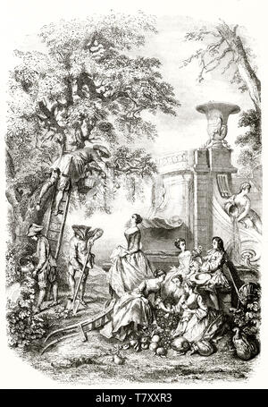 Gruppe von alten eleganten Menschen. Männer sind Abholung Birnen vom Baum, während Frauen sitzen in der Nähe von foubntain sind. Graviert Reproduktion eines Gemäldes Titel Das Herz. Magasin Pittoresque Paris 1848 Stockfoto
