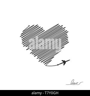 Flugzeug und seine Spur in der Form eines Herzens auf weißem Hintergrund. Vector Illustration. Flugzeuge Flug weg und Ihre Route Stock Vektor