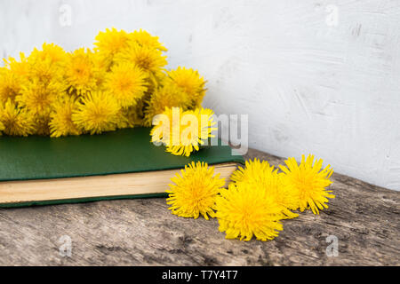 Kleiner gelber Löwenzahn liegen auf den alten grünen Papier auf dem Hintergrund der alten Boards. Es ist ein Ort für Ihren Text. Stockfoto