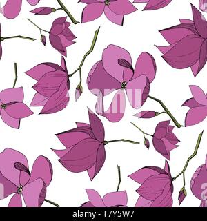 Vektor Magnolia floral botanischen Blumen. Lila graviert Tinte Art nahtlose Muster. Stock Vektor