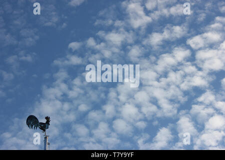 Wetterhahn zwischen Watte Wolken vor blauem Himmel. Stockfoto