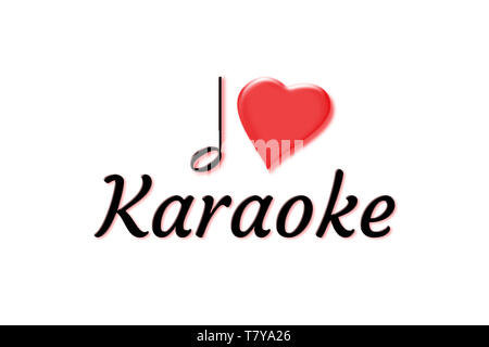 Ich liebe Karaoke mit musikalischer Note und Herz auf weißem Hintergrund Stockfoto