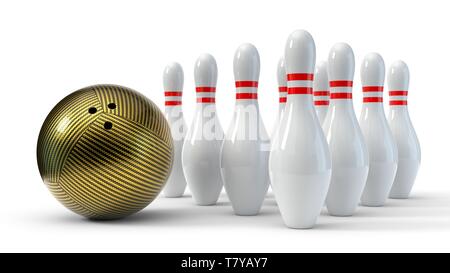 Carbon Bowling Ball mit Stiften. auf weißem Hintergrund. 3D-Darstellung Stockfoto