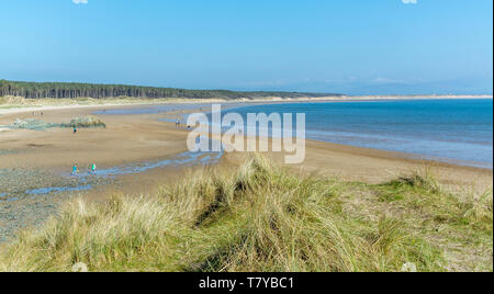 Ein Blick entlang Llanddwyn Beach, Whitby, North Wales, UK. Am 7. April 2019 getroffen. Stockfoto