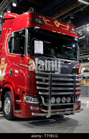 Helsinki, Finnland. 09. Mai 2019. Scania S650 ein 6X4 NB V8 50 Jahre LKW Scania angezeigt stehen auf Transport-Logistics 2019, der größten Logistik- und Transportindustrie Ereignis in nordischen Ländern, statt 09-11 2019 in Helsinki, Finnland. Credit: Taina Sohlman/agefotostock Stockfoto