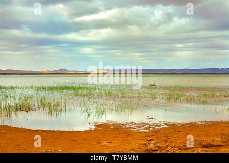 See in Marokko in der Morgendämmerung am Fuße der Wüste Sahara. Die Strahlen der Sonne durch die Wolken. Stockfoto