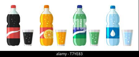 Set aus Kunststoff Flasche Wasser und süße Limo mit Brille. Flache Vektor Wasser soda Symbole Abbildung auf weißen isoliert Stock Vektor