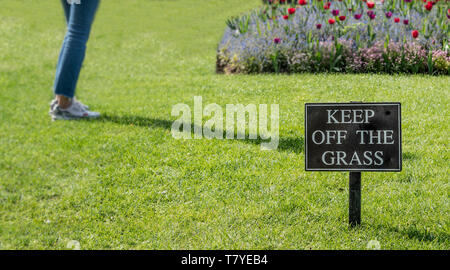 Bitte halten Sie das Gras mit Füßen im Hintergrund auf Gras Stockfoto