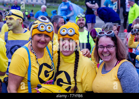 Stormont, Belfast, UK, 9. Mai 2019. 2019 Läufer in Minion Fancy Dress fertig, an der 2019 Belfast Marathon zu nehmen gekleidet Stockfoto