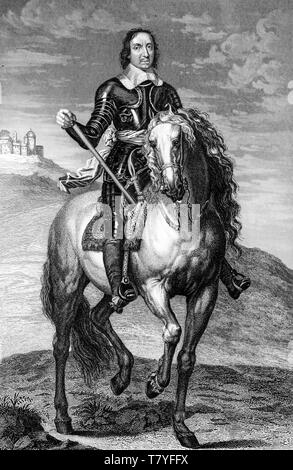 Oliver Cromwell in Rüstung, Equestrian portrait Gravieren, Richard Cattermole, 1852 Stockfoto