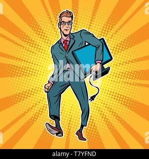 Geschäftsmann mit Computer überwachen. IT-support Arbeitsplatz administrator. Comic cartoon Pop Art vector Retro Vintage Zeichnung Stock Vektor