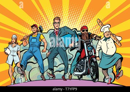 Programmierer Baker biker Krankenschwester Arbeiter. Comic cartoon Pop Art vector Retro Vintage Zeichnung Stock Vektor