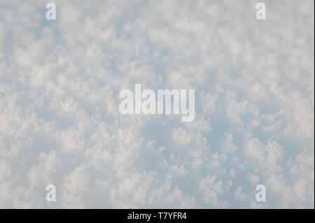Schnee im Winter. Frischer Schnee Hintergrund Textur. Snowy White Textur. Schneeflocken. Ansicht von oben. Soft Focus. Stockfoto