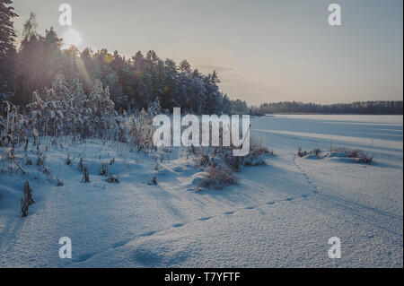 Einfrieren See bei Sonnenuntergang mit Schnee bedeckt. Fußabdrücke auf einem Verschneiten See. Winterlandschaft. Stockfoto