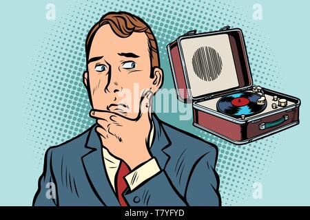 Der Mann hört aufmerksam zu Musik. Alte vinyl Plattenspieler. Comic cartoon Pop Art vector Retro Vintage Zeichnung Stock Vektor