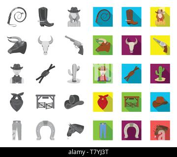 Rodeo, Wettbewerb mono, Flachbild Symbole im Set Sammlung für Design. Cowboy und Ausrüstung vektor Symbol lieferbar Abbildung. Stock Vektor